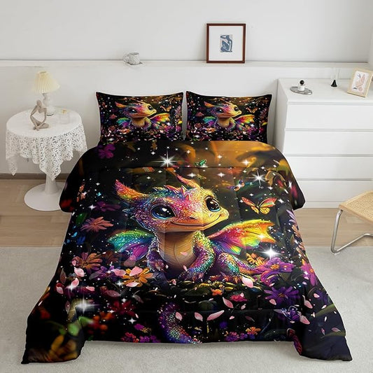 Feelyou Dragon Comforter Set Twin Size Dragon Stuff Comforter for Boys Girls Teens Shiny Flower Bedding Set Dragon Decor Duvet Set Room Decor Carbon Black Quilt Set