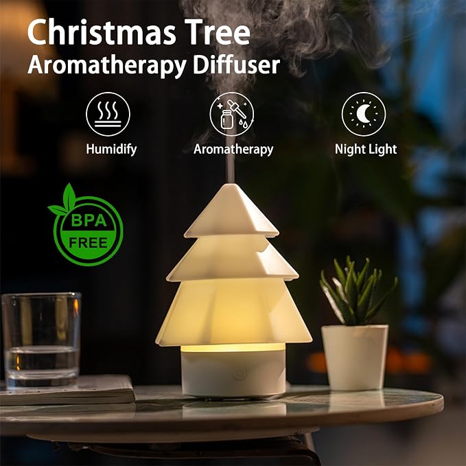 Christmas Tree Essential Oil Diffuser,Home Aromatherapy Machine with 7-Color LED Lights,120ml Ultrasonic Mist Humidifier,Water Shortage Power-Off Protection,Ideal Christmas Decoration&Gifts (White)