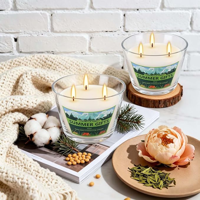 2x14oz Large 3-Wick Outdoor Indoor Citronella Candles,Natural Soy Wax Candles in Glass Jar,Bulk for Garden Yard Home Balcony Camping Backyard,Summer Candle Bulk for Home, Long Burning