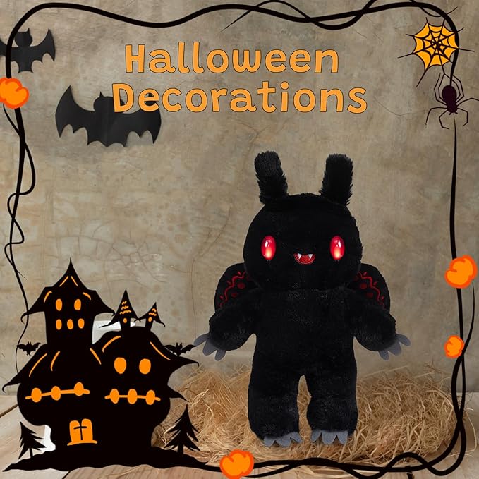 Mothman Plush Toy Halloween Stuffed Animals Cryptid Plush with Red Eyes and Embroidered Wings Gifts Collection Decor for Kids Adults Black 12 Inch