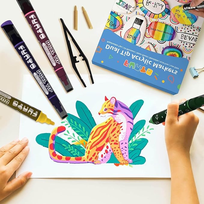 Funto Dual Tip Acrylic Paint Markers, Paint Pens for Rock Painting, Wood, Canvas, Ceramic, Fabric, 12 Colors, Quick Drying, Non-Toxic, Arts and Crafts