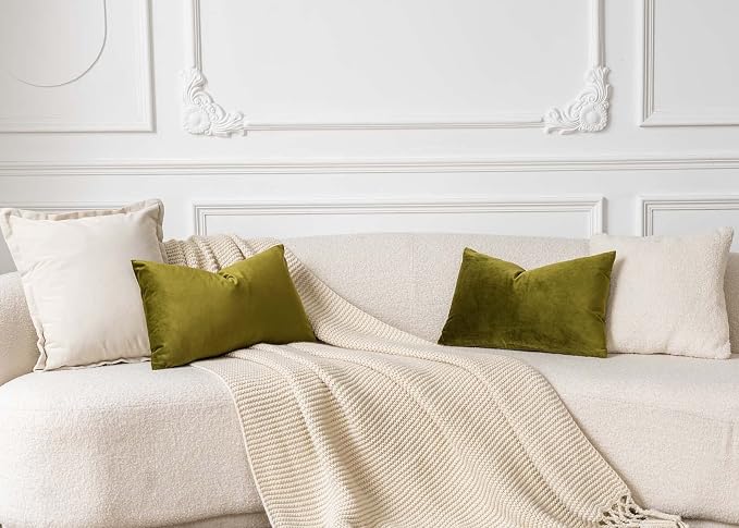 12x20 Decorative Lumbar Velvet Throw Pillow Covers Set of 2,Olive Green | JUSPURBET Cozy Soft Couch Covers with Invisible Zipper for Modern Couch Sofa Bed Living Room Bedroom Home Decor