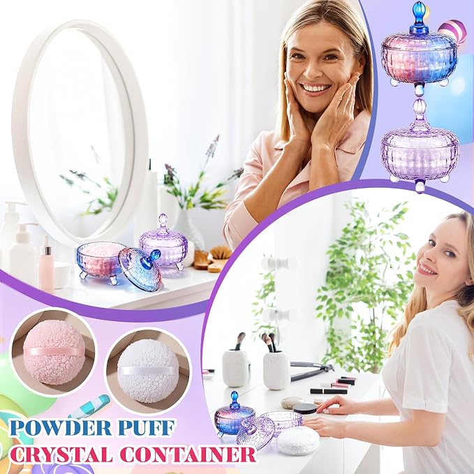 Tioncy 2 Set Extra Large Body Powder Puff and Container, 6'' Washable Vintage Decorative Crystal Powder & Container Gift for Bathroom Counter & Feminine Vanity Decor(Weave Design,Gradient and Purple)