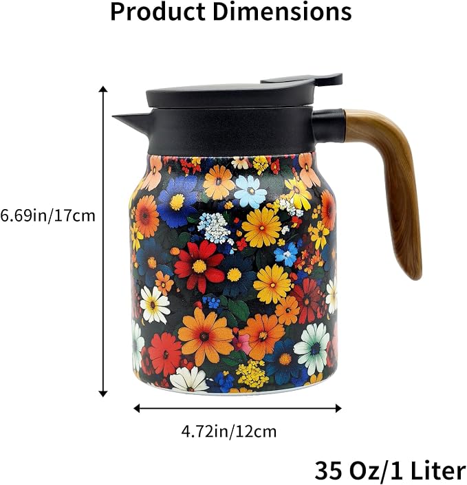 35 OZ Vintage Floral Tea Pot with Infuser, Insulated Stainless Steel Tea Kettle, 12 Hour Hot/Cold Retention, Tea-Water Separation Loose Leaf Tea Steeper for Hot Drinks (Daisy)