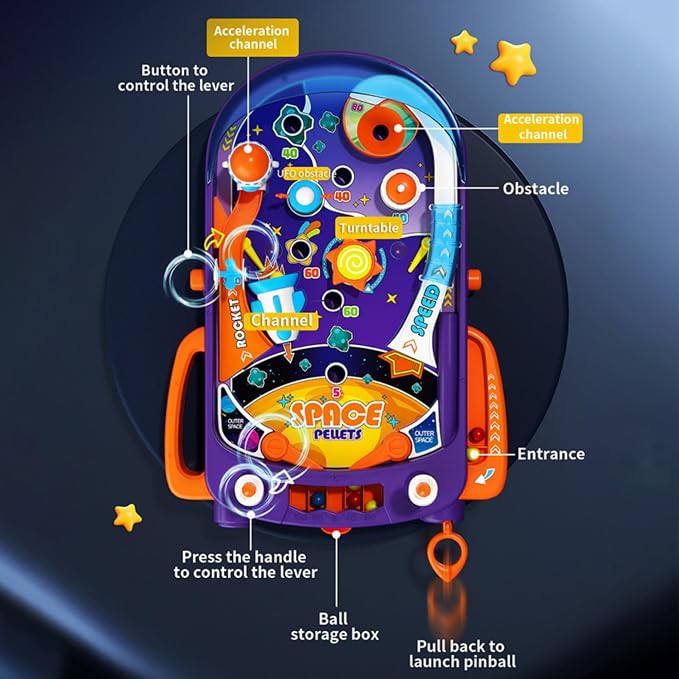 Tabletop Pinball Machine - Space Mini Arcade Game with Sound & Light, Pull-Back Launcher, Flippers, Carry Handle, Suction Cup Feet, Games for Kids Ages 3+