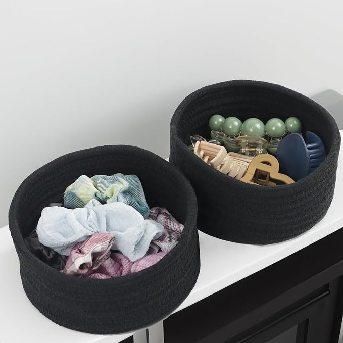 Small Woven Cotton Rope Baskets, Set of 3, Black | Mini Round Baskets, Gift and Storage Baskets, Nursery Organizer, Bathroom Countertop Bins, Decorative Boho Decor