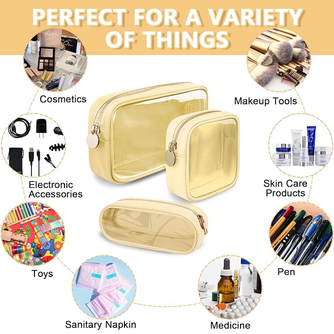 UIXIZQ Clear Small Pencil Pouch Makeup Bag for Purse,Nylon&PVC Pencil Case Waterproof Makeup Brush Holder with Zipper,Preppy Transparent Pen Bag Travel Cosmetic Bag for Women Men Office(Slim-Beige)