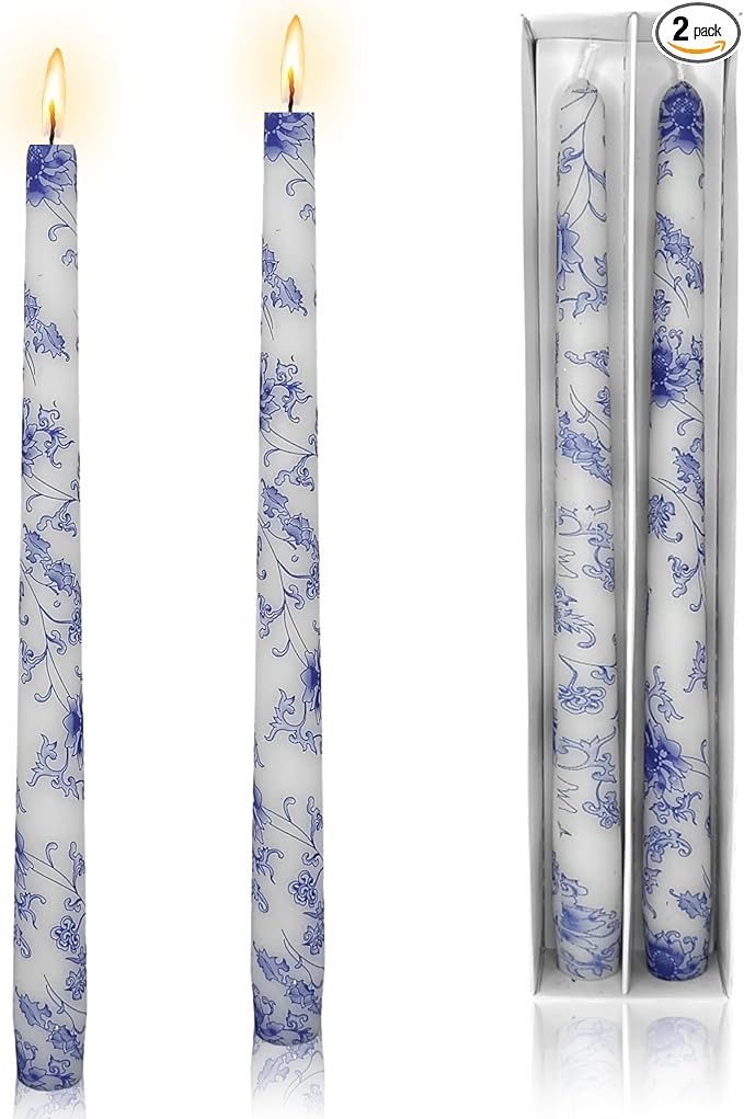 Printed Taper Candles 10 INCH Handmade Candles Unscented Smokeless Candlesticks Blue and White Porcelain Pattern Candle for Home Wedding Dinner Holiday Party