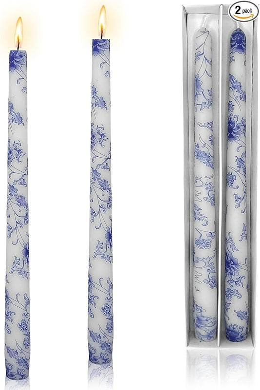 Printed Taper Candles 10 INCH Handmade Candles Unscented Smokeless Candlesticks Blue and White Porcelain Pattern Candle for Home Wedding Dinner Holiday Party