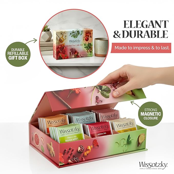 Wissotzky Herbal Tea Gift Set - Variety Pack Sampler (42 Tea Bags) Premium Reusable Gift Box | Caffeine-Free | 6 Exciting Flavors | Individually Wrapped Tea Bags | Ideal Present for Holiday & Corporate Gifting | Magnetic Closure Box | Kosher
