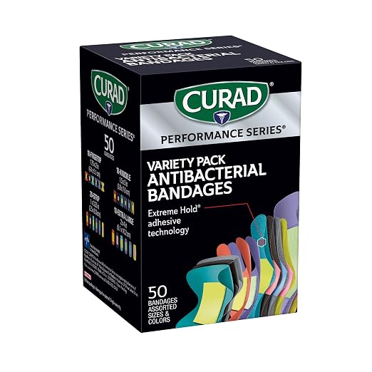 CURAD Performance Series Antibacterial Bandages, Extreme Hold Adhesive Technology, Finger & Knuckle Bandages, Flexible Fabric, Variety Pack with Assorted Sizes & Colors, 50 Count