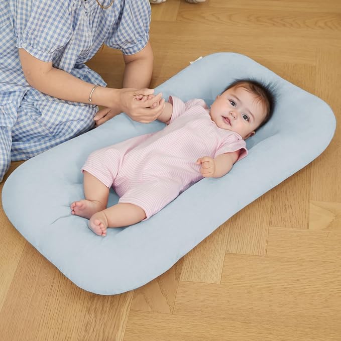 Baby Lounger for Infants Babies 0-12 Months, Bionic Organic Lounger, Soft Cotton Breathable Infant Floor Seats & Loungers for Newborn Baby Shower Gifts (Greyblue)