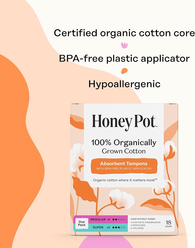 The Honey Pot Company - Multipack -100% Organic Cotton Core Tampons w/BPA-Free Plastic Applicator - Regular & Super Absorbency - Unscented - Feminine Care - 18 Count