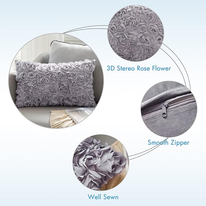 MIULEE Decorative Rose Flower Pillow Covers Pack of 2 Grey 12x20 Inch | Cute Romantic Stereo Chiffon Throw Pillow Cover Aesthetic Solid Pillowcase for Girl Coquette Room Decor Coach Bedroom