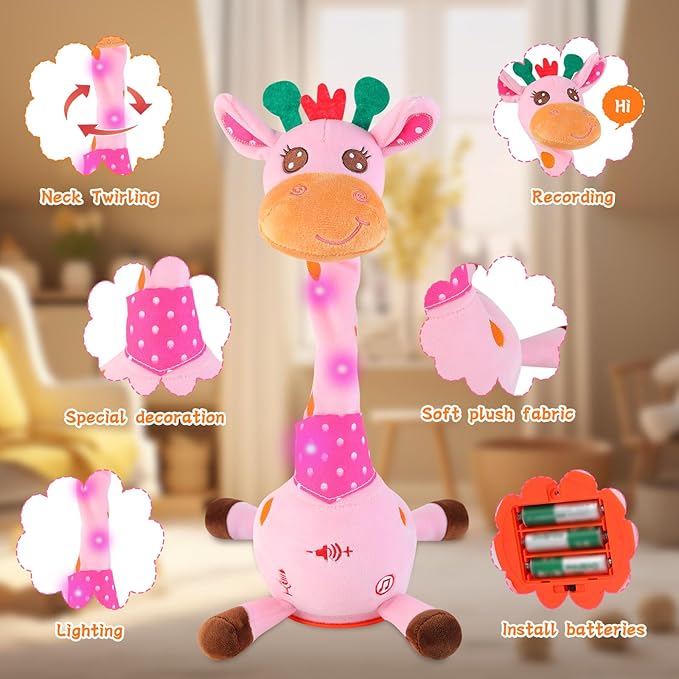 LUKETURE Dancing Talking Singing Pink Giraffe Toy Stuffed Plush, Interactive Stuffed Animal Toy, Musical Giraffe Plush with Record & Repeat, Sings 10 Songs, LED Lights
