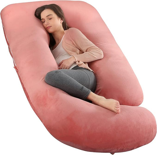 U-Shaped Full Body Pregnancy Pillow for Sleeping – 57" Maternity Pillow with Removable Cover, Support for Back, Legs, Belly & Hips (Velvet -Pink)