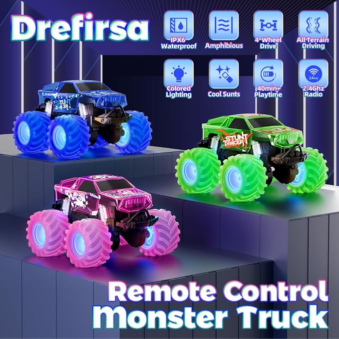 Drefirsa Amphibious Monster Truck Toy, Waterproof Remote Control Car, 4WD Off-Road RC Truck with Colorful Light, RC Stunt Car Toy for 4-7 8-12 Year Boy Birthday Gift Present
