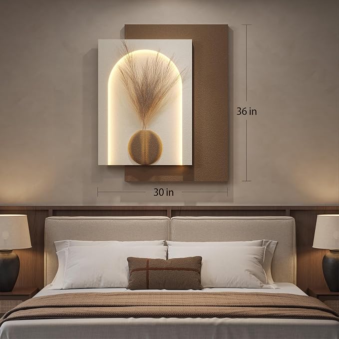 Large 3D LED Wall Art Decor for Living Room, Modern Minimalist Textured Lighted Artwork for Walls, Neutral Beige Brown Paintings Wall Decor for Hallway, Dining Room, Bedroom, Office Aesthetic
