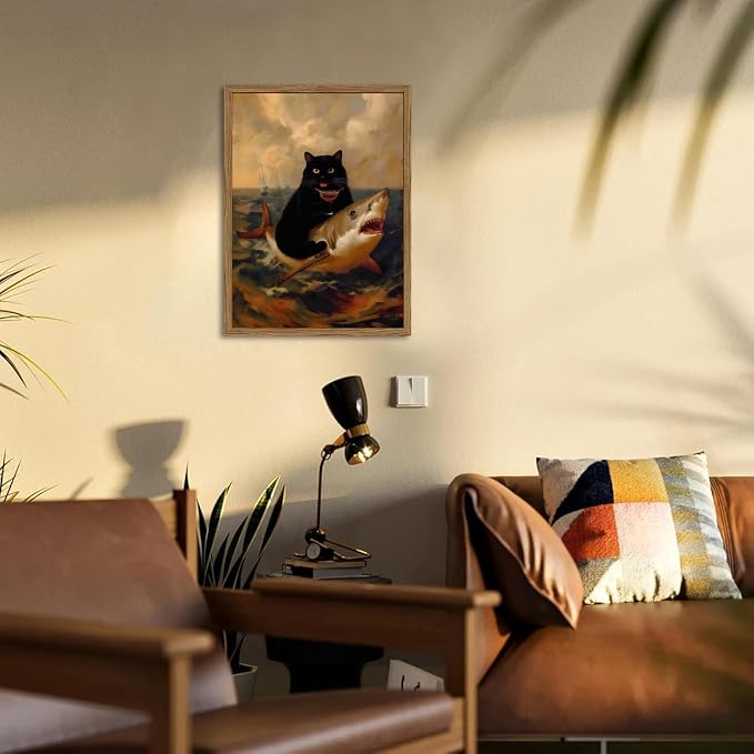 Funny Black Cat Riding Shark Wall Art Whimsical Bar Cart Wall Decor Picture Eclectic Shark Ocean Poster Canvas Painting Prints for Bedroom Living Room 12x16 inch Framed