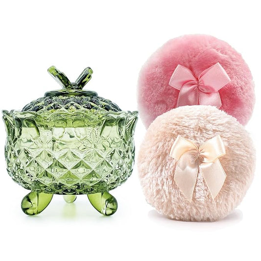 Luxury 4 Inch Glass Powder Container with 2 Soft 3.5" Puffs｜Non-Sealed Refillable Organizer for Body Powder, Makeup & Jewelry｜Setting Powder Applicator w/Loose Powder Storage(Butterfly-Olive Greenl)