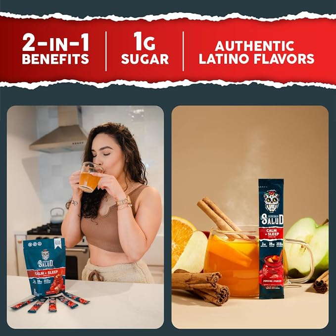 Salud 2-in-1 Sleep Aid + Calm Drink Mix, Punch Ponche Flavor, Melatonin, Magnesium, Saffron Extract, L-Theanine, Non-GMO, Gluten Free, Vegan, Low Calorie, 1g of Sugar (15 Servings)