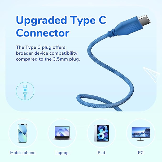 EarFun K3 Kids Headphones, USB Type C Over Ear Headphones for Kids, Volume Limit, HD Stereo Sound, Comfortable Fit, Foldable Wired Headphone for School/Travel/Boys/Girls/Tablet/iPad, Blue
