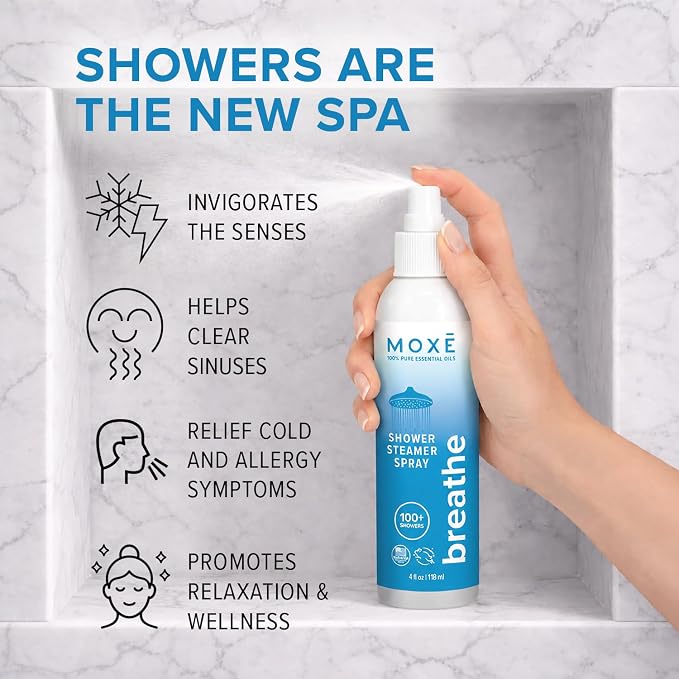 MOXE Breathe Shower Mist, Eucalyptus and Peppermint, Spa Steam Spray, Certified Natural 100% Essential Oils, Made in USA, Aromatherapy, Sinus Congestion Relief, Tension Relief, 4 Ounces (1 Pack)