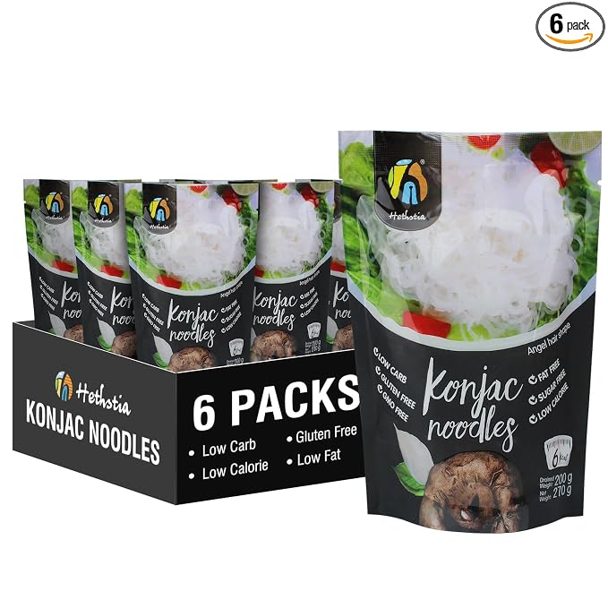 Hethstia Konjac Shirataki Angel Hair Noodles, Low Carb Pasta, 6 Pack | Keto Friendly, Vegan, Gluten Free, Sugar Free, Low Calorie, Paleo Friendly, Plant Based, Quick Preparation, Pasta Alternative