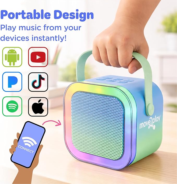 Move2Play, Mini Karaoke Machine for Kids | Built-in 20+ Songs | Bluetooth Speaker with Microphones | Voice Effects | Toddler Music Toy | Christmas Stocking Stuffer | Girls & Boys Age 2, 3, 4, 5, 6+