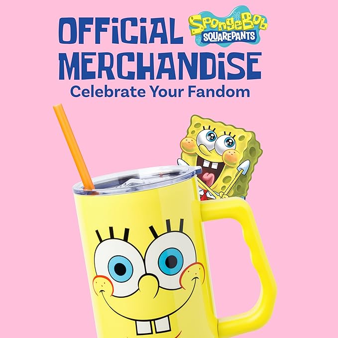 Silver Buffalo SpongeBob SquarePants Double Walled Stainless Steel Tumbler with Handle, Fits in Standard Cup Holder, 40 Ounces