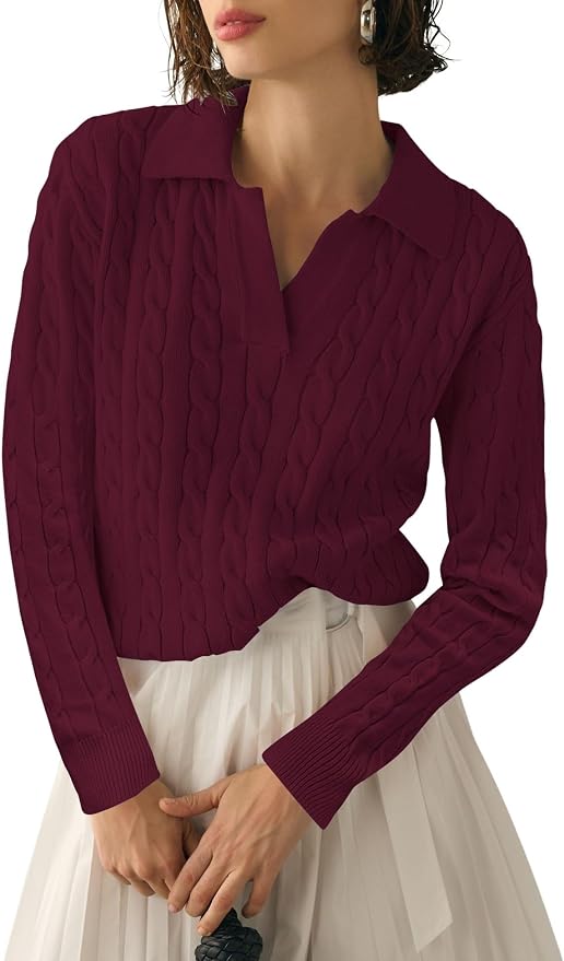 Micoson Womens Fall Long Sleeve Sweaters Lapel V Neck Cable Knitted Pullover Casual Soft Jumper Top