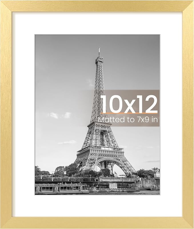 upsimples 10x12 Picture Frame, Display Pictures 7x9 with Mat or 10 x 12 Without, Wall Hanging Photo Frames, Gold, 1 Pack
