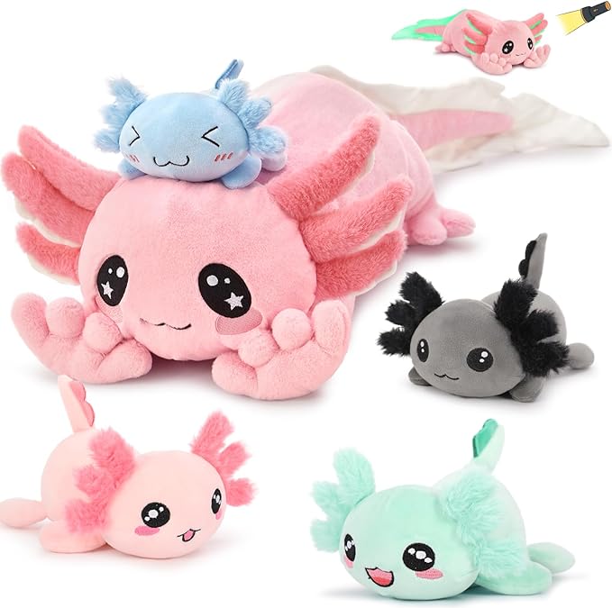 MaoGoLan 32 inch Large Pink Axolotl Stuffed Animals Bulk with 4 Babies, Cute Kawaii Plush Axolotl Toys Stuffed Salamander for Girls Kids Christmas Valentine's Day Gift, Glow in The Dark