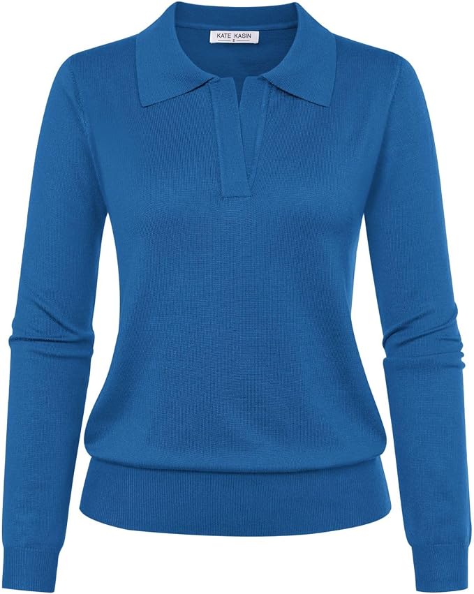 Women's Long Sleeve Classic V Neck Casual Fall Winter Polo Sweater Tops | Basic Collared Knitted Fashion Work Business Formal Daily Wear Versatile Pullover Shirts