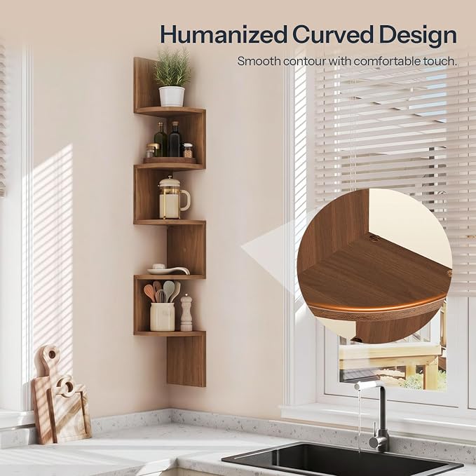 HOOBRO Corner Shelf Wall-Mounted, Set of 2 Floating Corner Shelves for Wall, 5-Tier Corner Bookshelves for Living Room, Bedroom, Bathroom, Home Office, Walnut WL26BJP201