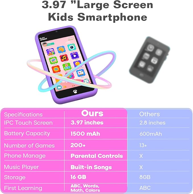 MOMILLA Kids Smart Phone Toys for Girls, 3.97” Touchscreen, Dual Cameras with Stickers, 200+ Games & 16GB Storage, Christmas Birthday Gift for Kids Age 3-10, Educational Mini Toddler Play Phone Toy