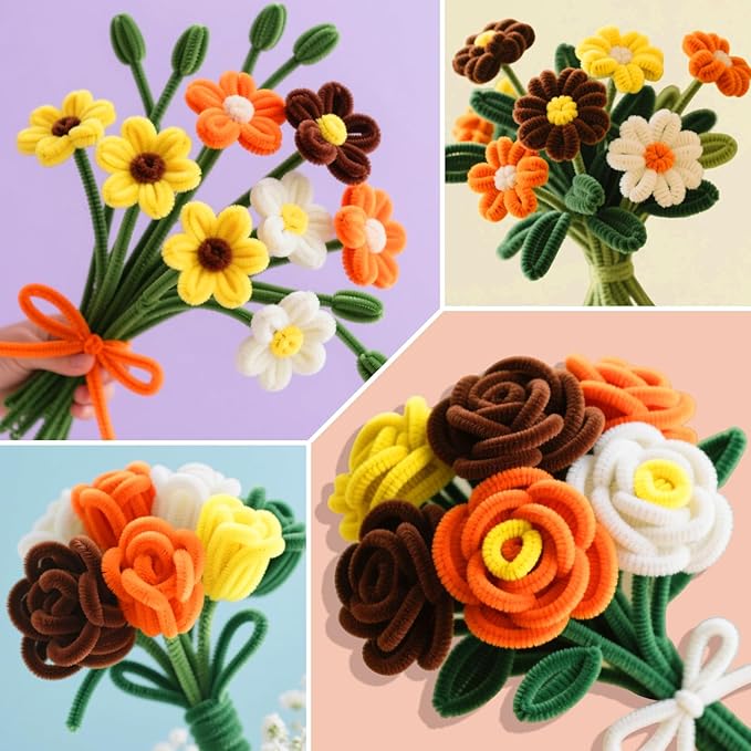 ASTARON 521 Pcs Pipe Cleaners Craft Set, 5 Colors Pipe Cleaners Bulk Pastel Chenille Stems for Craft Pipe Cleaner Flowers Making Kit with Floral Wires, Gardening Tape(Orange Yellow Brown)