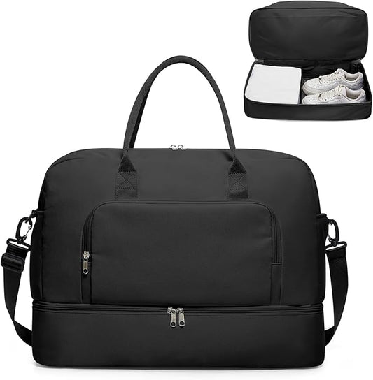 Travel Duffle Bag,Weekender Bags for Women with Shoe Compartment Personal Item Travel Bag Carry on Overnight Bags For Airplanes Gym Duffel Bag with Wet Pocket Hospital Bag for Labor and Delivery Black