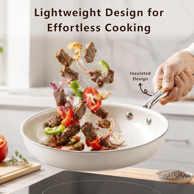 SAKAMOSH 11" Nonstick Ceramic Frying Pan, Non Toxic Pan, White | PTFE & PFAS & PFOA Free Ceramic Coating, Dishwasher/Oven Safe, Induction Compatible, suitable for all stovetops, Lightweight