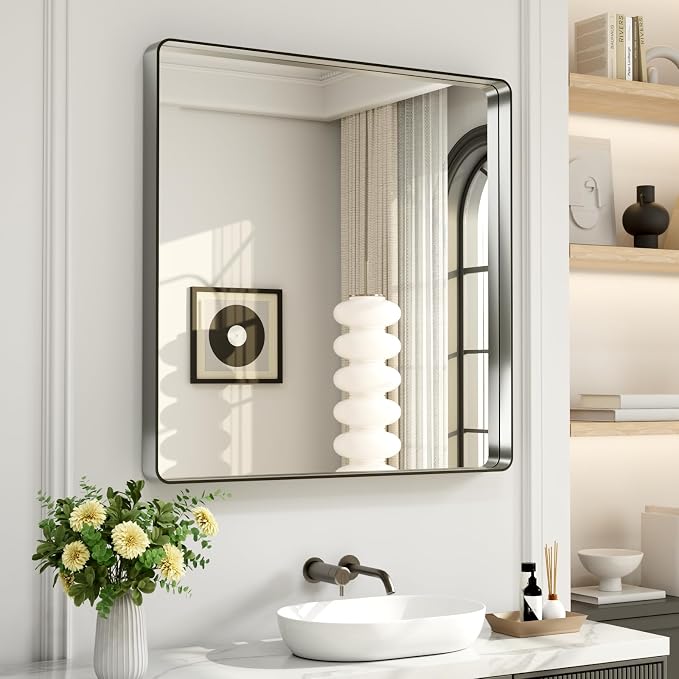 LOAAO 30X30 Inch Brushed Nickel Bathroom Mirror | Rounded Rectangle, Silver Metal Frame, Anti-Rust, Shatter Proof, Hangs Horizontally or Vertically