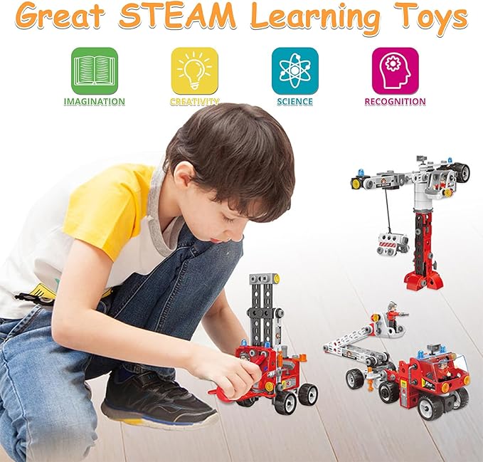 6-in-1 STEM Toys for 4 5 6 7 8+ Year Old Boy 187-Piece Educational Construction Blocks Stem Building Toys for Kids Ages 4-8 8-10 Creative Construction Toys Birthday Valentine Gift for Boy Girl