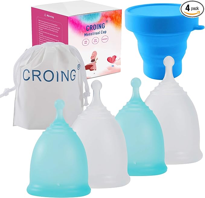 Croing 4pcs Menstrual Cup with 1 pc Sterilize Cup,Menstrual Cup Holder, Storing Period Cup(Blue and White)