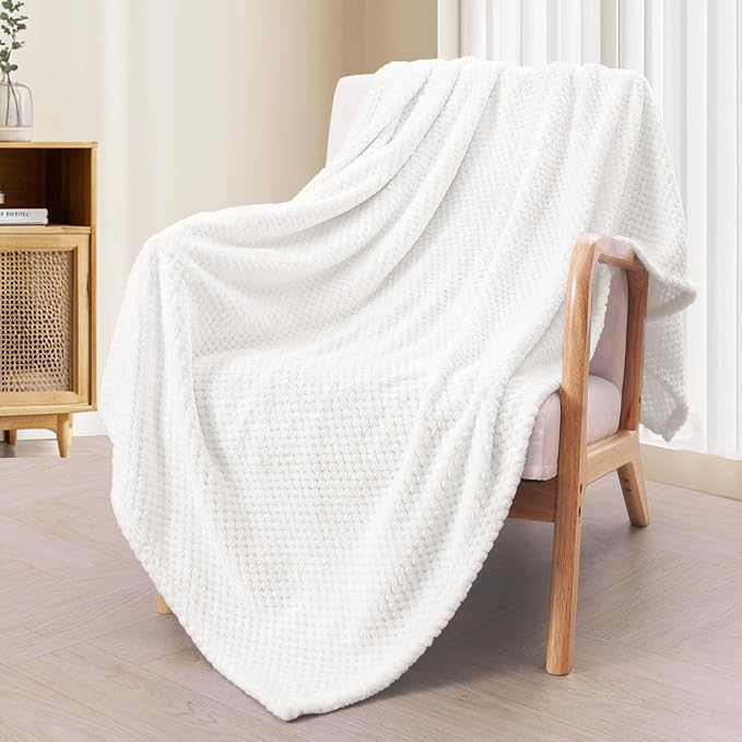 Exclusivo Mezcla Soft Waffle Fleece Bed Blanket Queen Size, White | Lightweight Plush Blanket for Bed, Bedroom, Cozy Flannel with Waffle Texture, Stylish Home Decor, All Season, 90x90 Inches