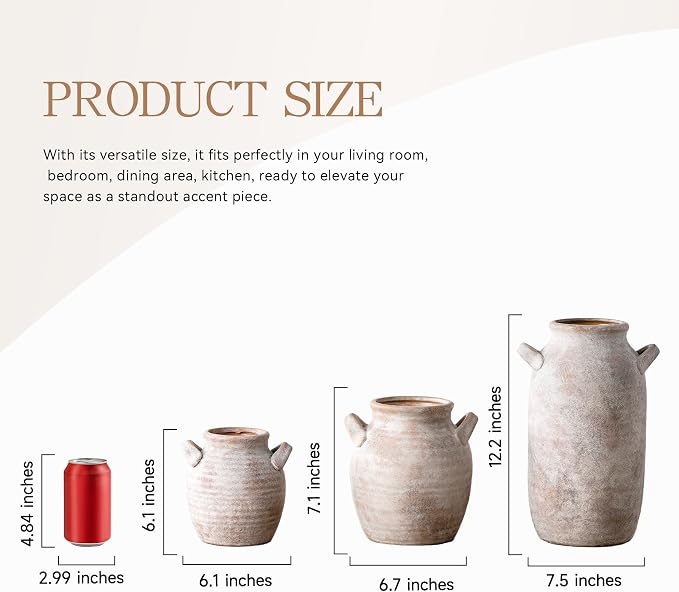 Large Flower Vase Home Decor - Tall Ceramic Farmhouse Rustic Table Vases with Handle Living Room Decoration Decorative Modern Pottery for Floor Kitchen Shelf Coffee Dining Desk Fireplace (12" Retro)