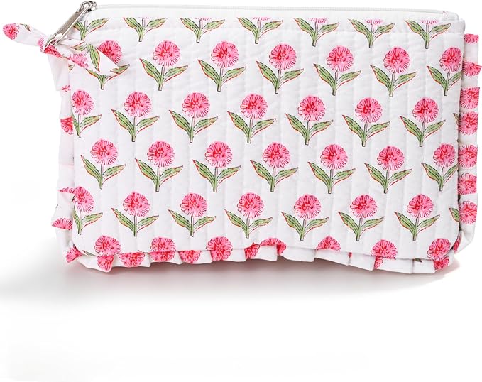 Gilprop Floral Makeup Bag 7" Cotton Cosmetic Bag for Women Large Makeup Pouch with Ruffles Aesthetic Flowers Travel Toiletry Organizer for Spatulas Brushes Skincare Gifts (Pink)