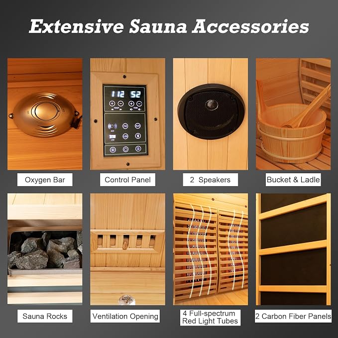 Infrared & Steam Dual-System Sauna Room, 2 Person Canadian Hemlock Sauna with Backrest, Indoor Traditional Home Saunas Spa with 6 Heaters & 3.5KW Sauna Stove, Oxygen Bar, 51.18"x47.24"x74.86"