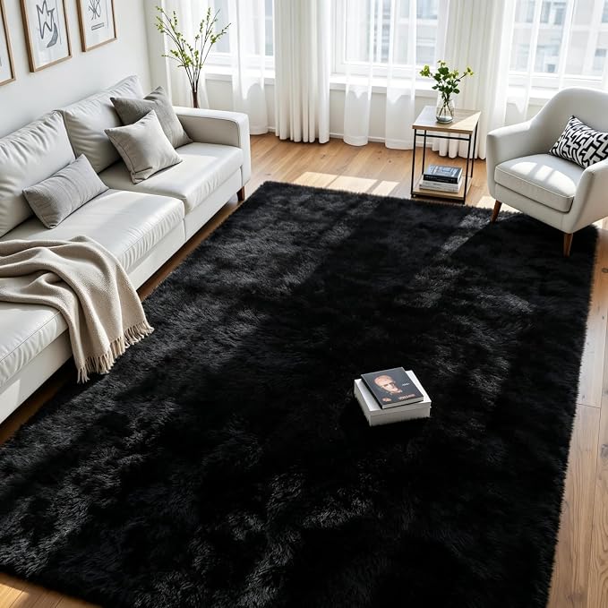 6x9 Area Rug for Living Room, Ultra Soft Fluffy Black Rugs for Bedroom, Non Slip Large Shag Carpet, Fuzzy Plush Nursery Rug, Thick Washable Indoor Floor Carpets for Kids Office Dorm Home Decor