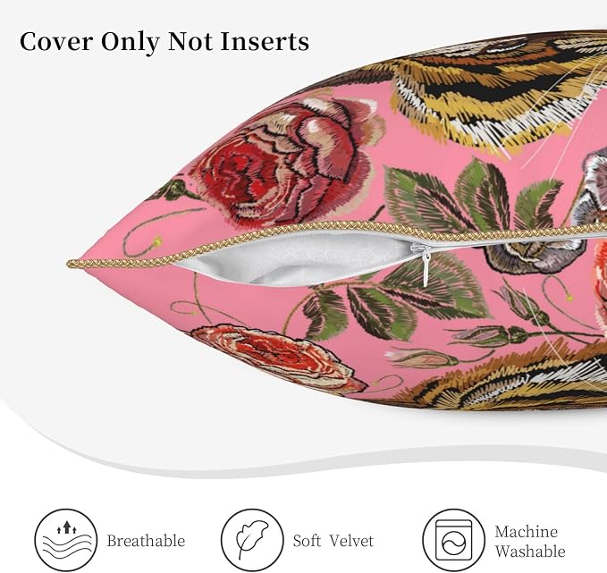 Tiger Floral Pink Velvet Pillow Covers 16x16 Inch Flower Animal Print Throw Pillows for Couch Farmhouse Cushion Covers Pillowcase Modern Pillow Cases for Sofa Bed Living Room Outdoor Decor