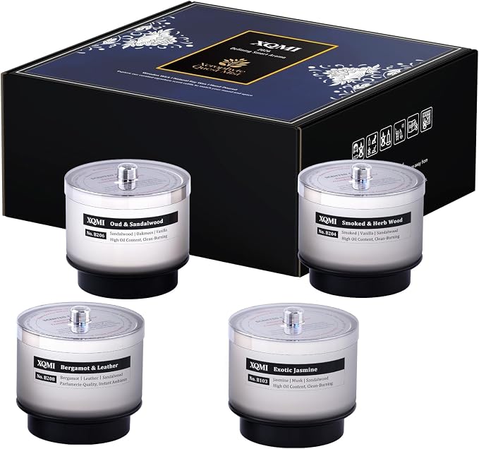 Smart Scented Candle Set Replaceable Refill with smart chip,Bergamot & Leather/Oud & Sandalwood/Smoked & Herb Wood/Exotic Jasmine, 4.25 * 4oz Large Jar with up to 35 * 4 Hour Burn, Giftable