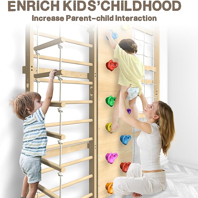 Upgraded Extra-Large Size 94.5inch Height 10-in-1 Swedish Ladder Gym Set, Home Playground with Swing, Rope Ladder, Pull-Up Bar, Slide and Rock Climbing Wall for Kids and Adults